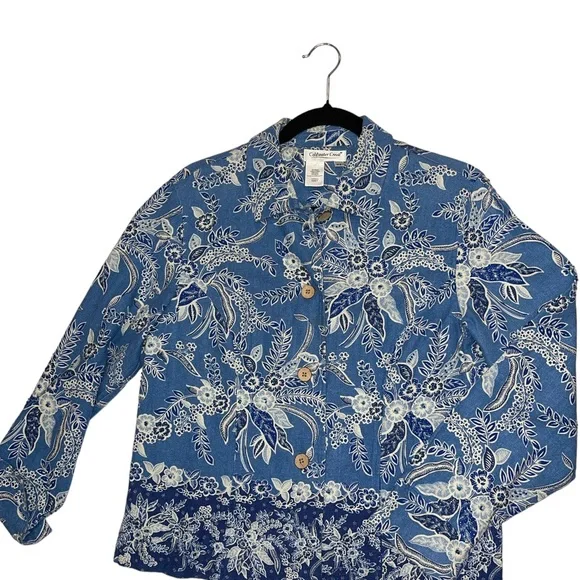 Coldwater Creek Women's Jacket Size S Petite Blue Floral Button Up Long Sleeves - Picture 3 of 12